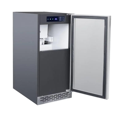 Summerset IM-15N 15-inch Outdoor Ice Maker, stainless steel with open door, built-in ready.