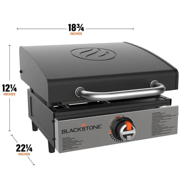 Blackstone 17-inch tabletop propane griddle with hood, shown with full dimensions: 22.25x18.75x12.25 inches