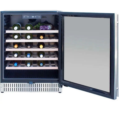 Summerset RFR-24W wine refrigerator door open, showing bottles, digital controls, and wood racking.