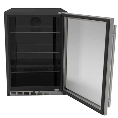 Summerset RFR-24G Glass Door Refrigerator interior view with bottom drawer and blue LED lighting.