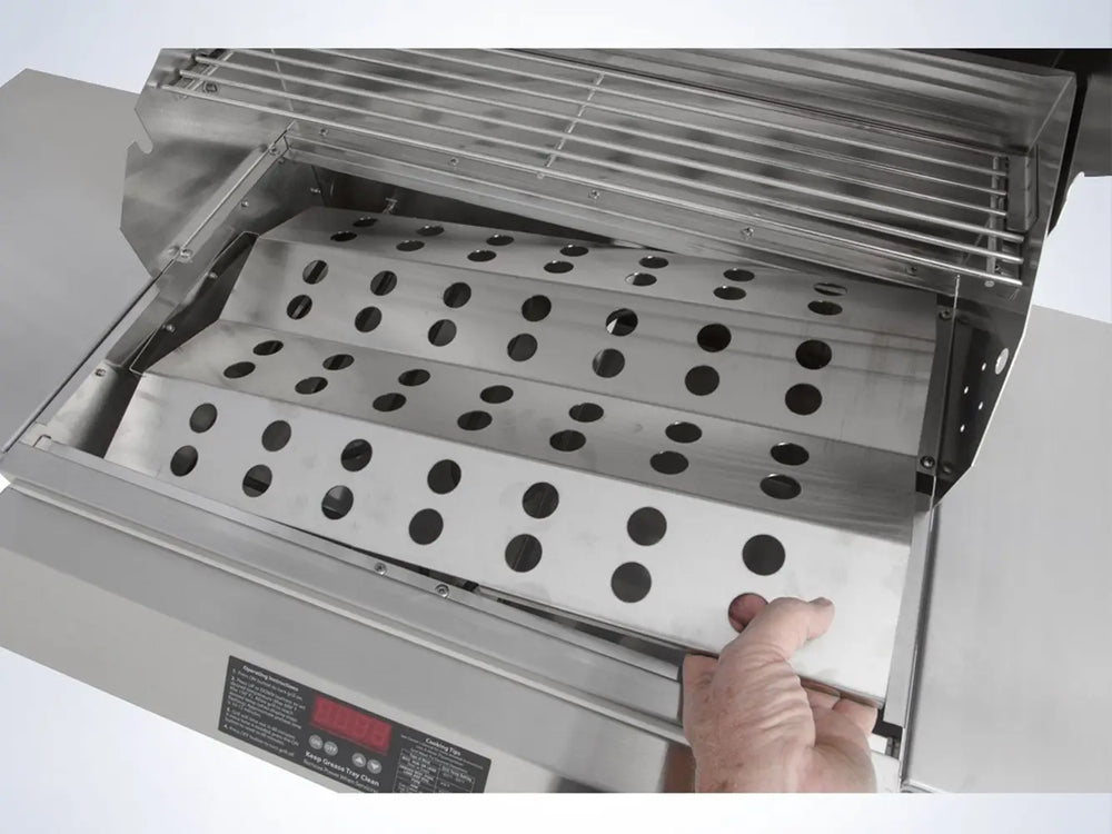 Close-up of stainless steel heat shield tray inside ElectriChef outdoor electric grill.