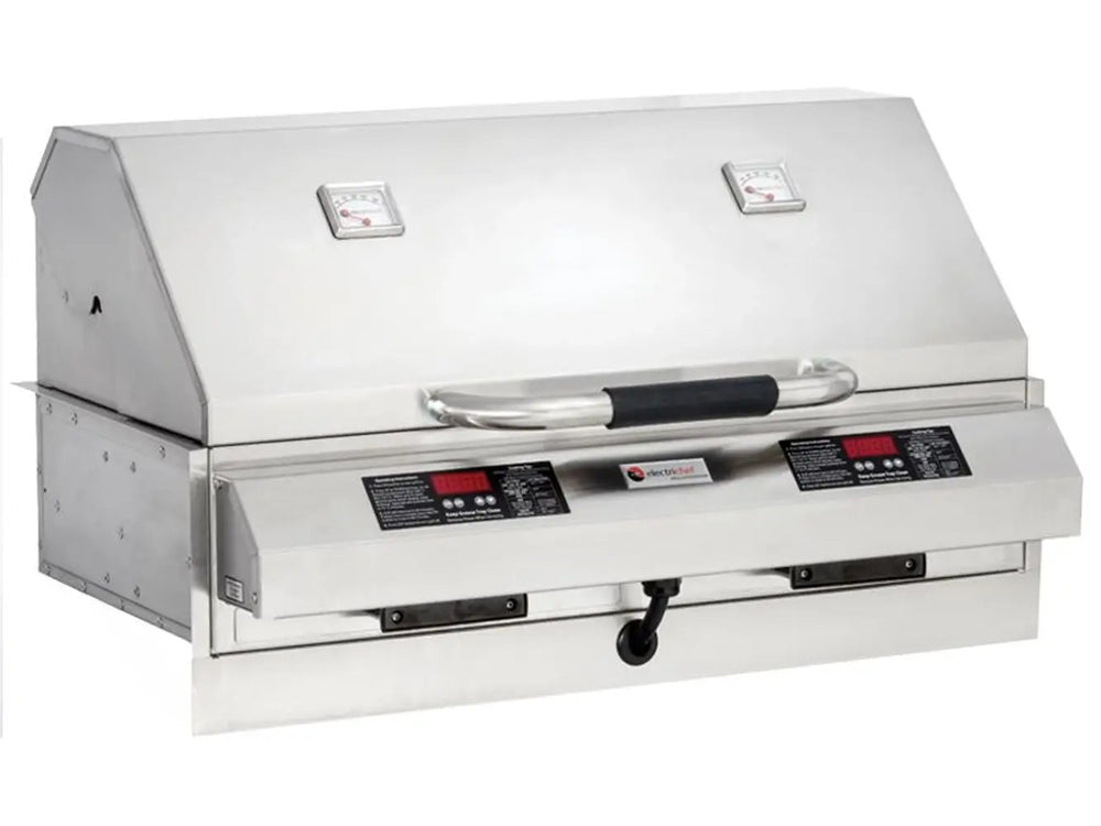 ElectriChef 32-inch built-in stainless steel outdoor electric grill with closed lid and dual temperature gauges.