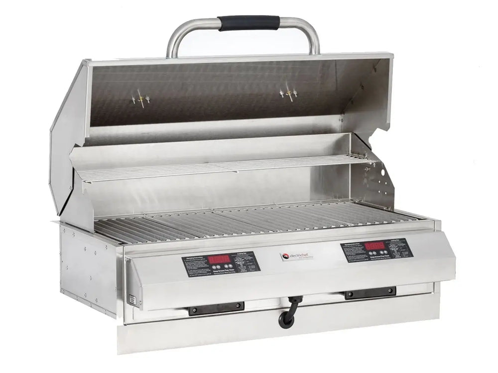 ElectriChef 32-inch built-in stainless steel outdoor electric grill with lid open.