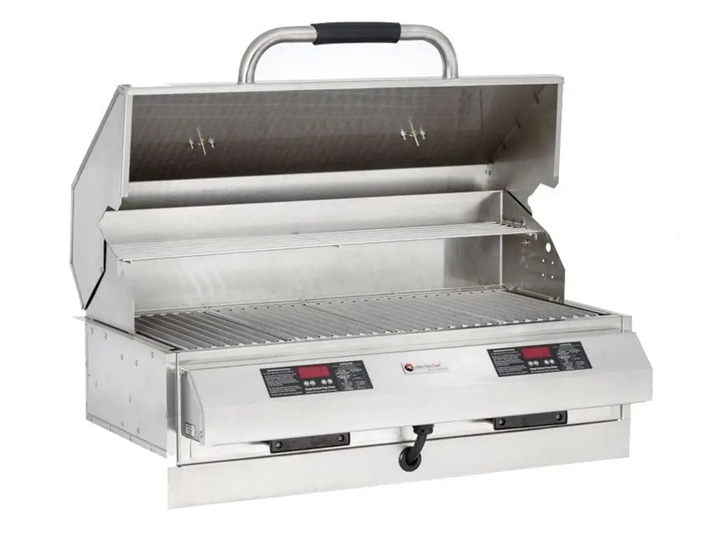 ElectriChef 32-inch built-in stainless steel outdoor electric grill with lid open showing cooking grates and warming rack.