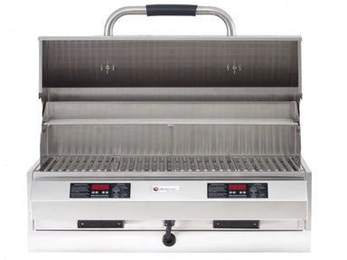 Front view of ElectriChef stainless steel electric grill with lid open and dual digital controls.