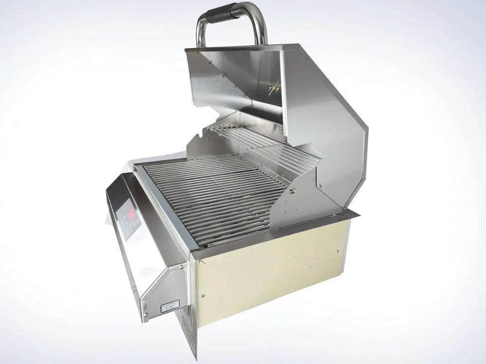 Side view of ElectriChef 32-inch stainless steel electric grill showing cooking grates and warming rack.