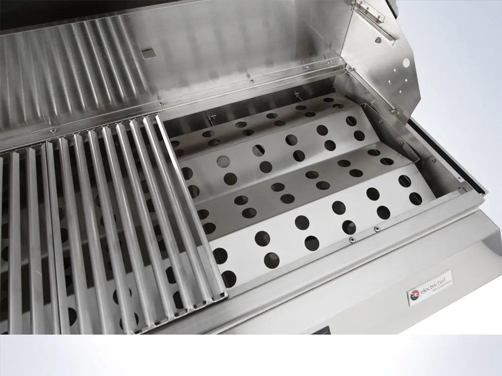 Stainless steel cooking grates and perforated heat tray inside ElectriChef electric grill.