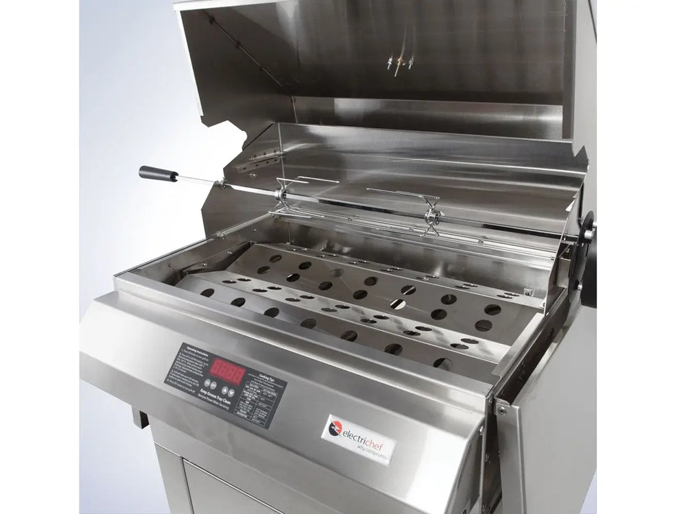 Open ElectriChef stainless steel electric grill showing heat distribution tray and cooking area.