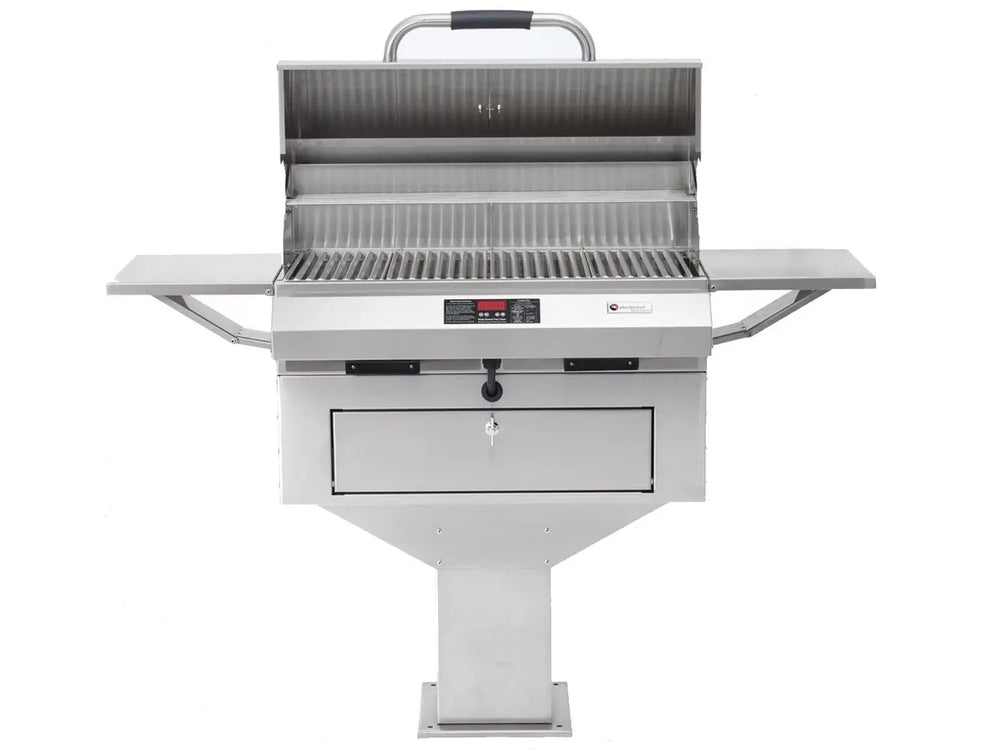 Full front view of ElectriChef pedestal-mounted outdoor electric grill with lid open.