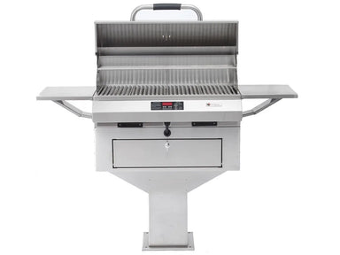 Full front view of ElectriChef pedestal-mounted outdoor electric grill with lid open.