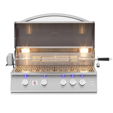 Summerset built-in gas grill with hood open, rotisserie kit, and interior lights