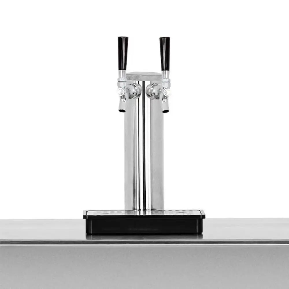 Summerset RFR-TAP-2 double keg tap tower with chrome finish, black handles, and drip tray.