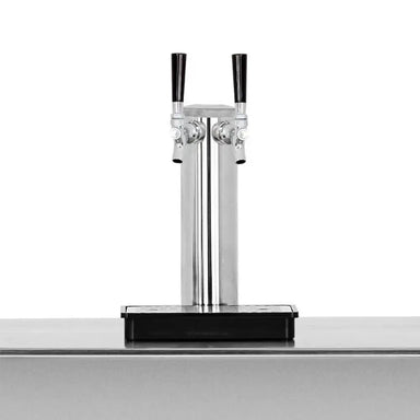 Summerset RFR-TAP-2 double keg tap tower with chrome finish, black handles, and drip tray.
