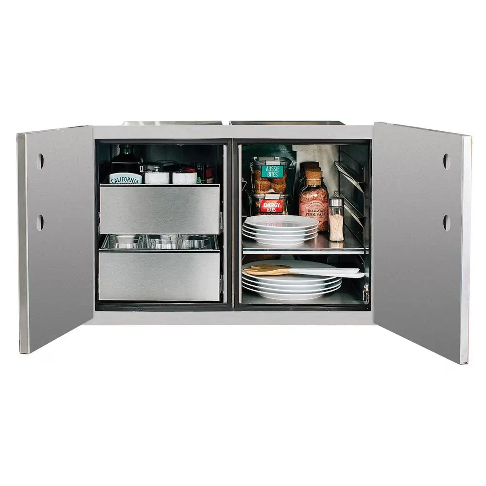Summerset DP-36DC outdoor pantry open, showing deep storage space for plates and accessories.