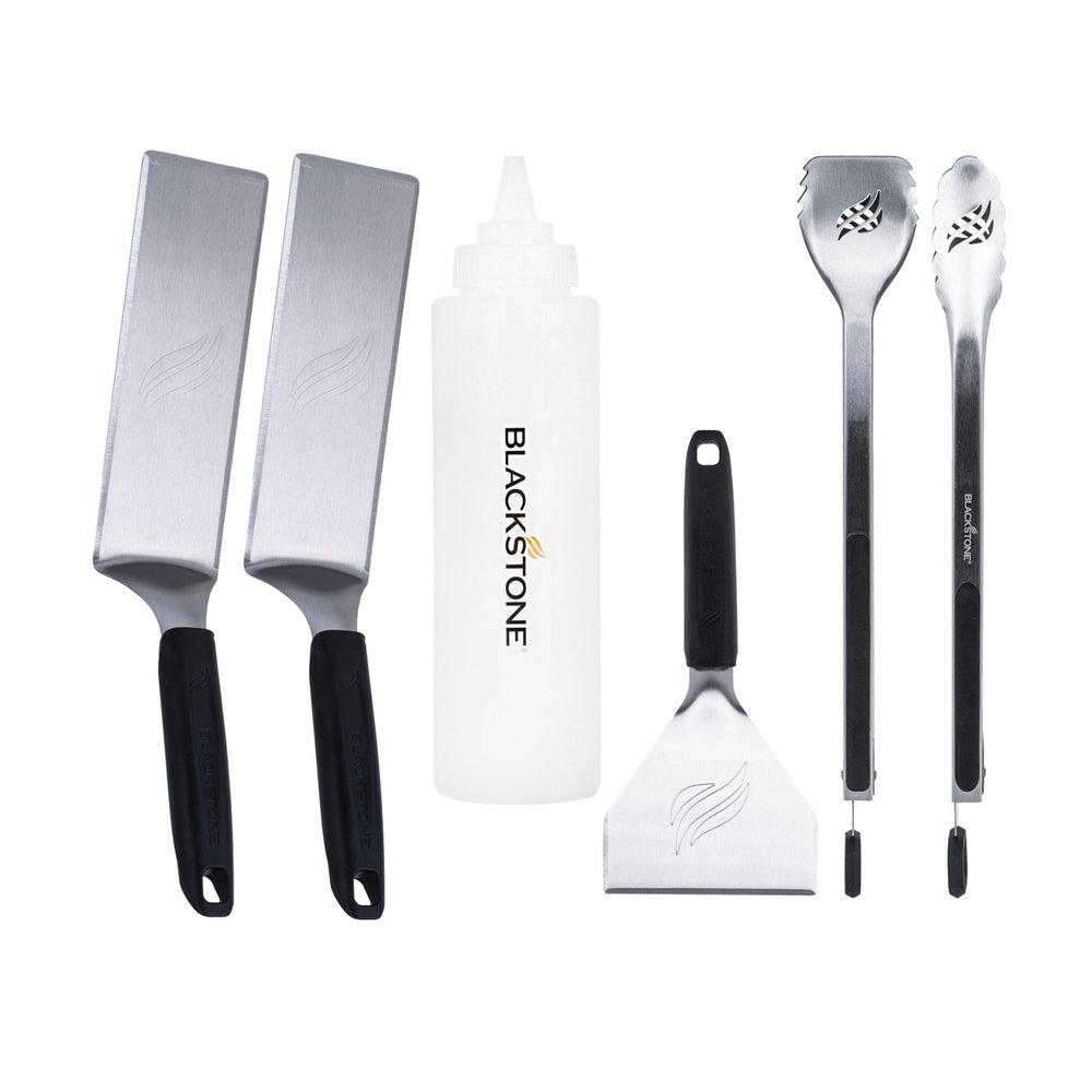 Blackstone 6-Piece Griddle Tool Kit with Stainless Steel Spatulas, Tongs, Scraper, and Squeeze Bottle – Essential Griddle Accessories for Outdoor Cooking