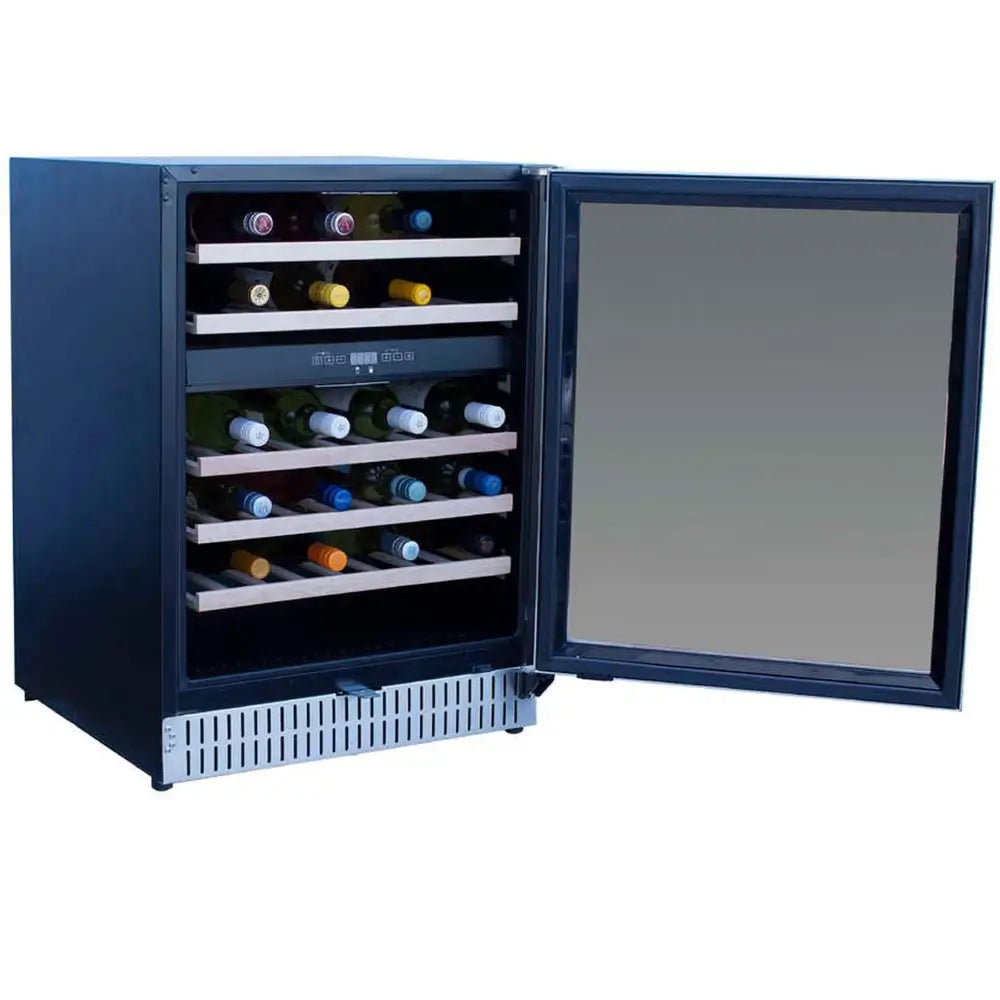 Summerset RFR-24WD built-in dual zone wine cooler door open, showing wood shelves and digital controls.
