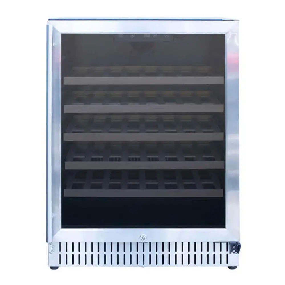 Front view of Summerset RFR-24W 24-inch outdoor wine cooler with stainless steel trim and door lock.