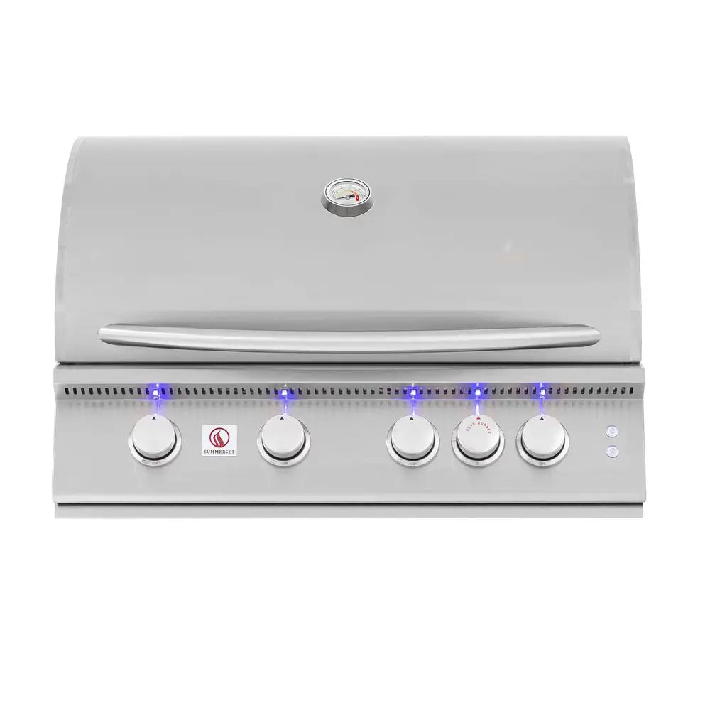 Front view of Summerset built-in gas grill with closed hood and LED-lit control knobs