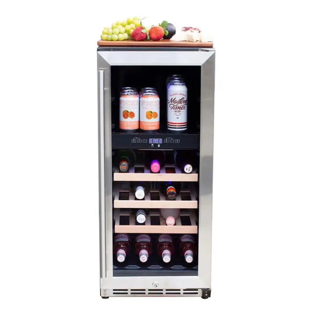 Summerset RFR-15WD 15-inch dual zone outdoor wine cooler with stainless steel door, bottles, and cans.
