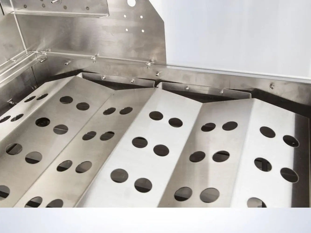 Stainless steel heat distribution plates with vent holes inside ElectriChef 48-inch outdoor electric grill.