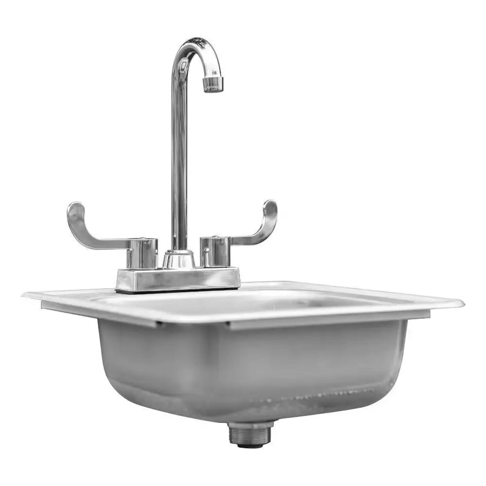 Side view of Summerset SNK-15D built-in outdoor sink with faucet and hot/cold lever handles.