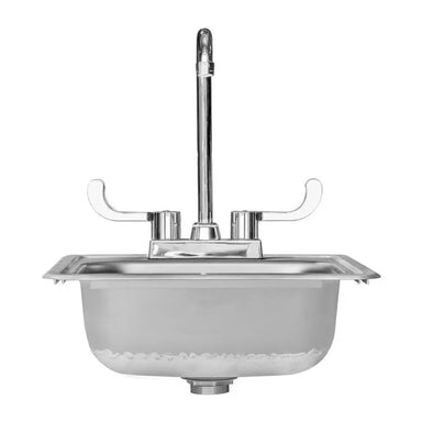 Front-facing view of Summerset SNK-15D stainless steel outdoor sink basin and faucet assembly.