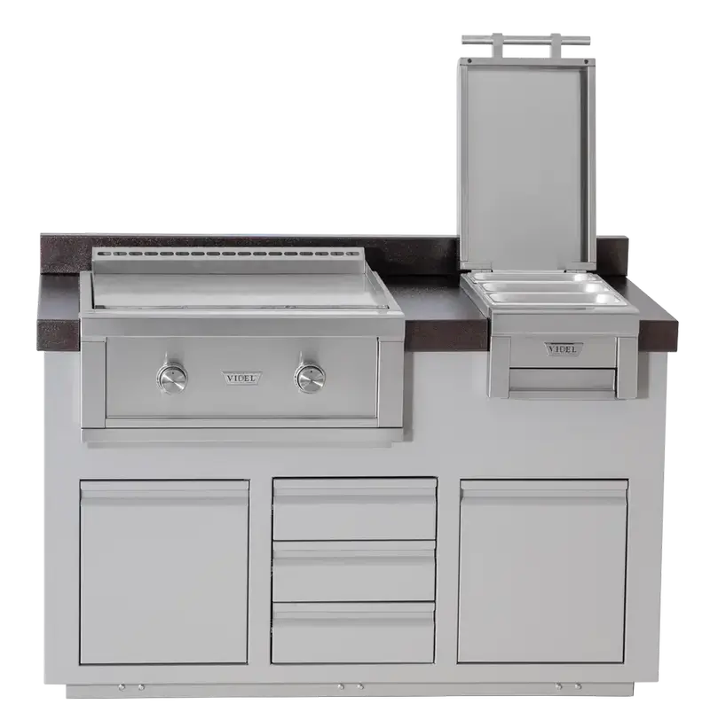 Videl Grills Alta 60I B BBQ Island with Griddle, Food Warmer, Storage and Powder-Coated Finish Front View