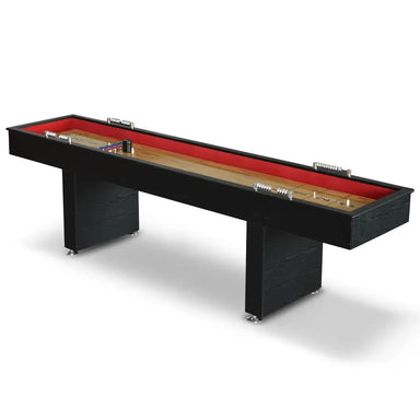 Full view of black Hathaway shuffleboard table with red interior, metal scorekeepers, and smooth wooden playfield.