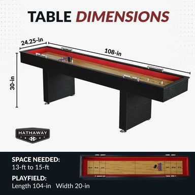 Hathaway shuffleboard table dimensions showing 108-inch length, 24.25-inch width, and 30-inch height, with 104-inch by 20-inch playfield.