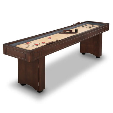 Angled view of Hathaway 2-in-1 shuffleboard and bowling table showcasing full hardwood cabinet and two integrated scorekeepers.