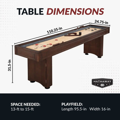 Hathaway 2-in-1 shuffleboard and bowling table with dark wood finish, measuring 110.25 inches long by 24.75 inches wide and 31.5 inches tall.