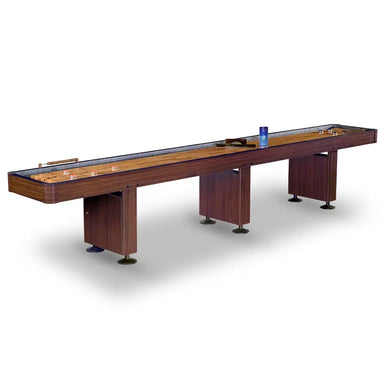 Full-length Hathaway shuffleboard table with built-in scorer and accessory storage, ideal for game rooms with 18 to 20 feet of space.