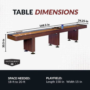Diagram showing dimensions of Hathaway shuffleboard table: 168.5 inches long, 24.25 inches wide, and 30.5 inches high; playfield measures 158 x 15 inches.