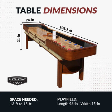 Hathaway Merlot shuffleboard table dimensions labeled 108.5 inches long, 24 inches wide, and 31 inches tall; suitable for 13–15 ft room spaces.