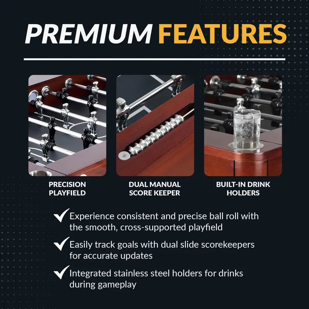 Foosball table feature callouts including precision playfield for consistent ball roll, dual manual score keepers for accurate goal tracking, and built-in stainless steel drink holders.