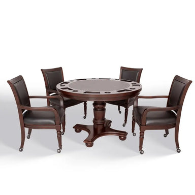 Four-chair poker table set with round wooden tabletop, built-in chip trays and drink holders, and elegant dark wood pedestal base for luxury game room decor.