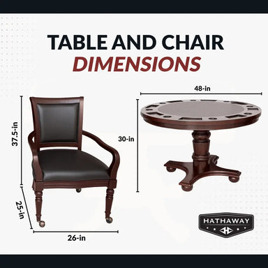 Table and chair dimensions for poker dining set, featuring 48-inch round tabletop and 37.5-inch high chair with cushioned seat and 26-inch width, ideal for game rooms or entertainment spaces.