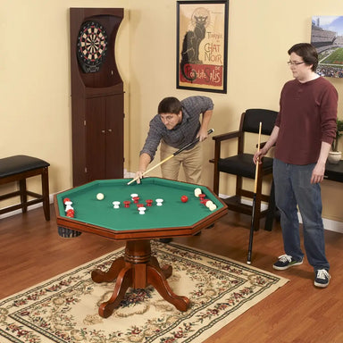 Two men playing bumper pool on the Kingston 3-in-1 table with green felt surface in a game room setting, featuring hardwood base and tournament-ready accessories.