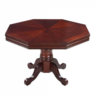 Octagonal dark oak table with wood inlay veneer and pedestal base, shown with dining tabletop configuration for elegant game or dining room use.