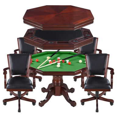 Kingston 3-in-1 game table with exploded view showing reversible tabletop for dining, poker, and bumper pool; includes four swivel chairs with black faux leather and dark oak frames.