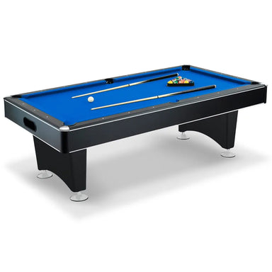 Angled view of Hathaway Hustler 7-foot pool table with black cabinet, bright blue playfield, pedestal-style legs, chrome leg levelers, and two cues with accessories arranged on the felt.