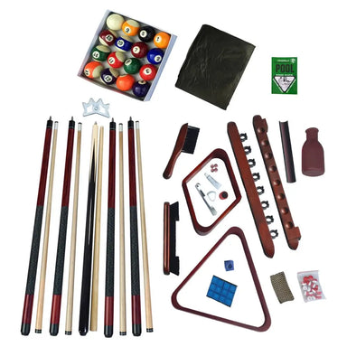 Hathaway Deluxe Billiards Accessory Kit in mahogany finish featuring four two-piece maple cues, 2.5-inch billiard balls, wall racks, cue chalk kit, brushes, triangle and diamond racks, Kelly pool shaker bottle, and more.
