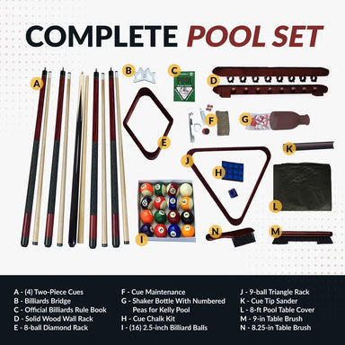 Detailed breakdown of the Hathaway Deluxe Billiards Accessory Kit with labeled components including cues, wall rack, rule book, chalk kit, cue maintenance tools, and 8-ft pool table cover.