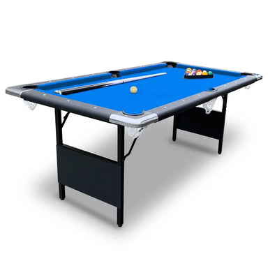 Hathaway Fairmont 6-ft Portable Pool Table fully set up with blue felt surface, foldable black legs, chrome corner caps, and included accessories.