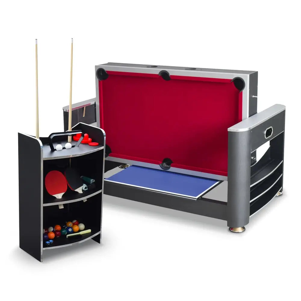 Multi-game table shown in billiards mode with red felt surface, featuring a nearby accessory rack stocked with pool cues, table tennis paddles, balls, and air hockey strikers.
