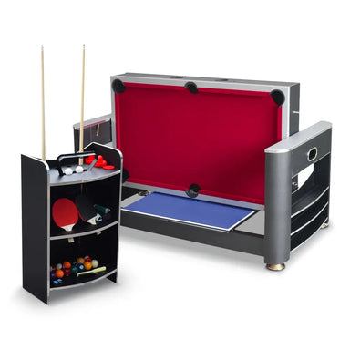 Multi-game table shown in billiards mode with red felt surface, featuring a nearby accessory rack stocked with pool cues, table tennis paddles, balls, and air hockey strikers.