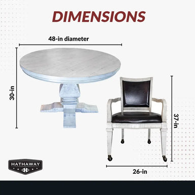 Dimensions of Hathaway poker and dining table set showing 48-inch diameter by 30-inch height table and 26-inch wide by 37-inch high chairs with faux leather upholstery.