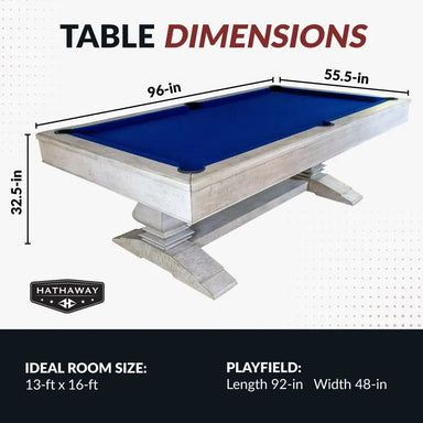 Dimension schematic of the Montecito pool table: overall size 96″ L × 55.5″ W × 32.5″ H; recommended room size 13 × 16 ft; playfield dimensions 92 × 48 in.