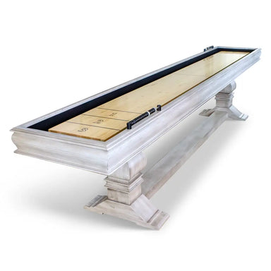 Hathaway Montecito 12-ft Shuffleboard Table in Driftwood finish, featuring a smooth poly-coated birch wood playfield and elegant pedestal-style legs, ideal for home game rooms and recreational spaces.