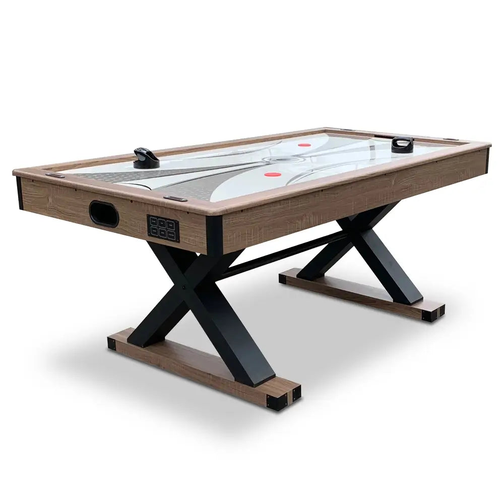 Modern Excalibur air hockey table with rustic wood grain finish, X-leg black metal base, dual puck strikers, electronic control panel, and glossy playfield with red face-off circles.